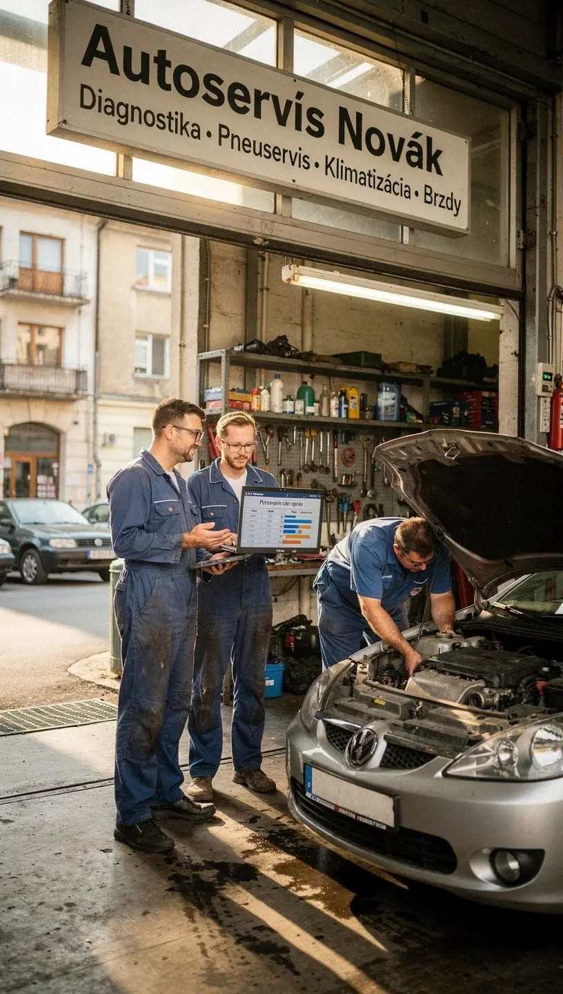 Rôzne typy vozidiel zaparkované pred autoservisom pripraveným na opravu