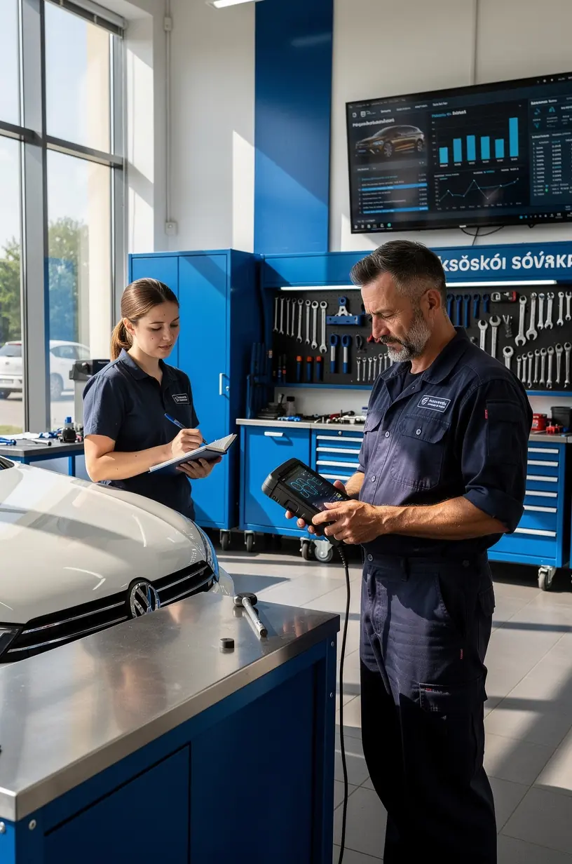 Interiér moderného autoservisu s technikmi pracujúcimi na rôznych opravách áut