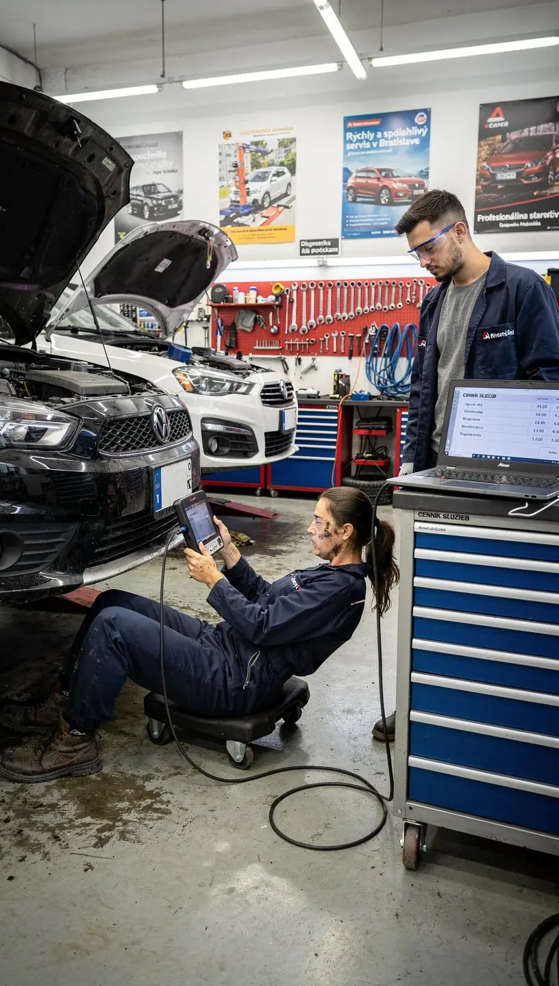 Zákazník konzultujúci s odborníkom na servis a údržbu vozidla v autoservise